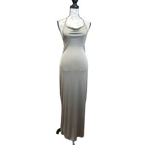 Taupe Ribbed Knit Cowl Neck Open Back Halter Maxi Dress Small